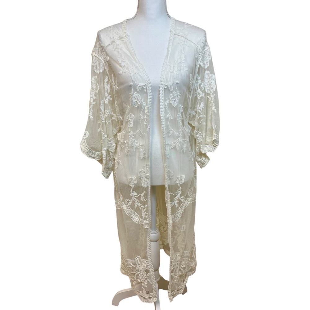 DIZZY LIZZY‎ Cream Lace Kimono Duster Sz S Cover Up Fairy Bridal Boho Festival